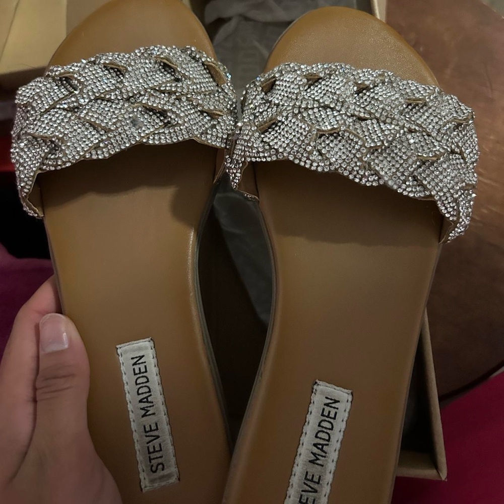 Steve Madden Tan Slide Sandals with Silver Braided Crystal Strap
